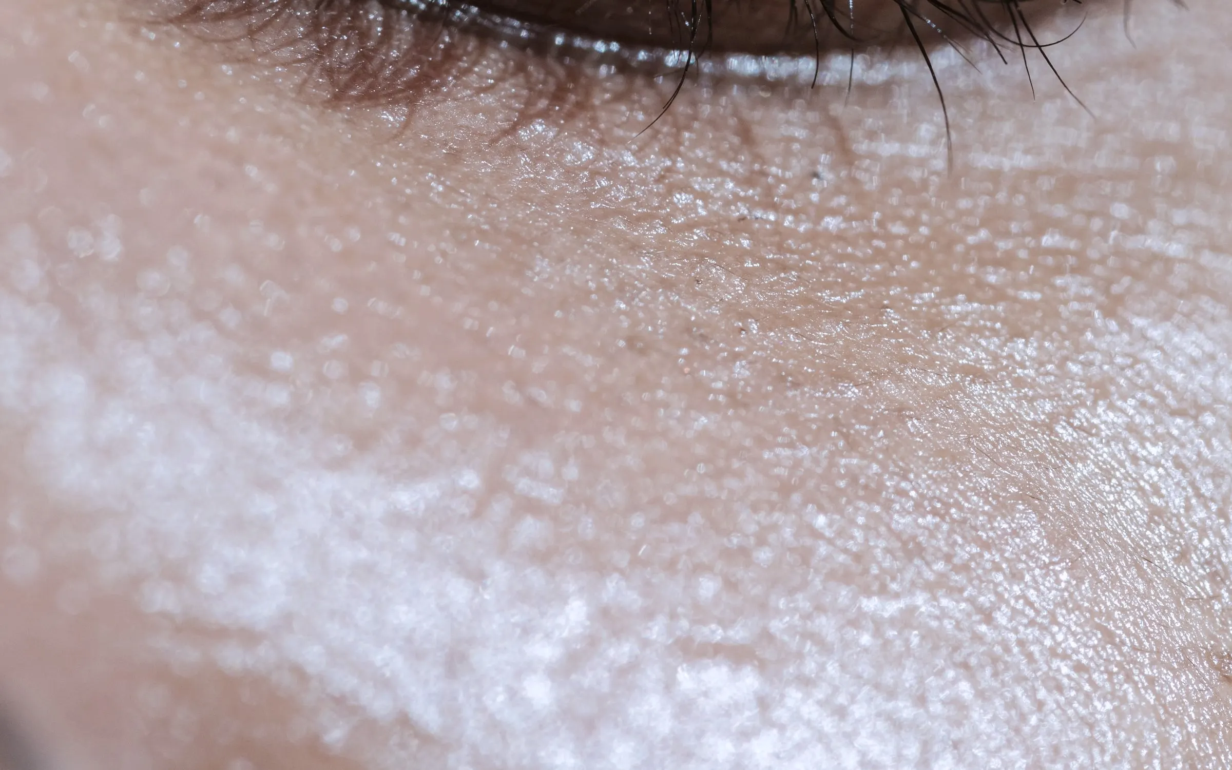 Skin in raking window light, close enough to see its texture.
